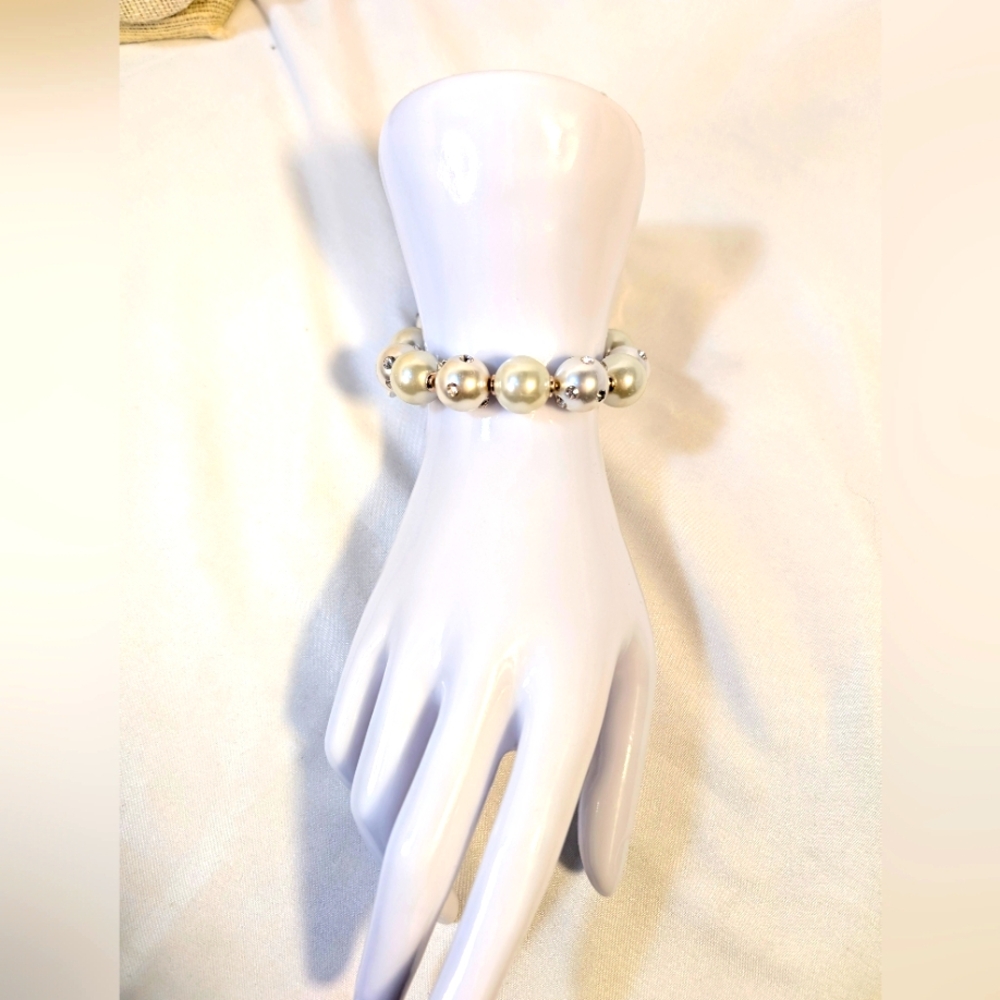 Monet White Faux Pearl & Rhinestone Stretch Bracelet